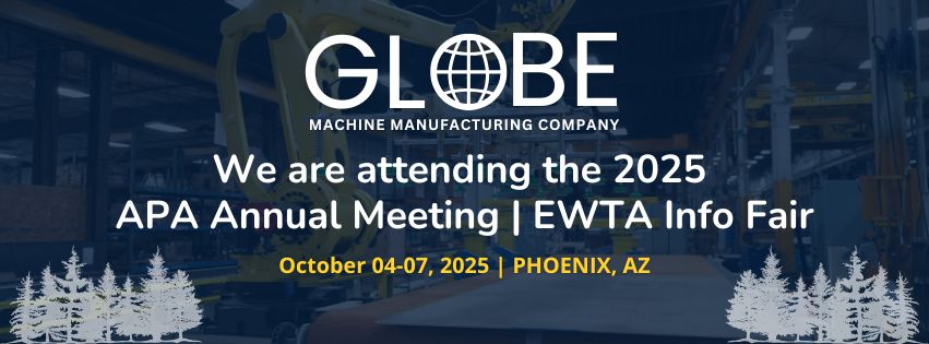 A promotional banner for Globe Machine Manufacturing's attendance at the 2025 APA Annual Meeting | EWTA Info Fair. The image shows a large industrial robot arm on a factory floor, with the event title, dates, and location (October 04-07, 2025 | Phoenix, AZ) overlaid on a dark blue background.